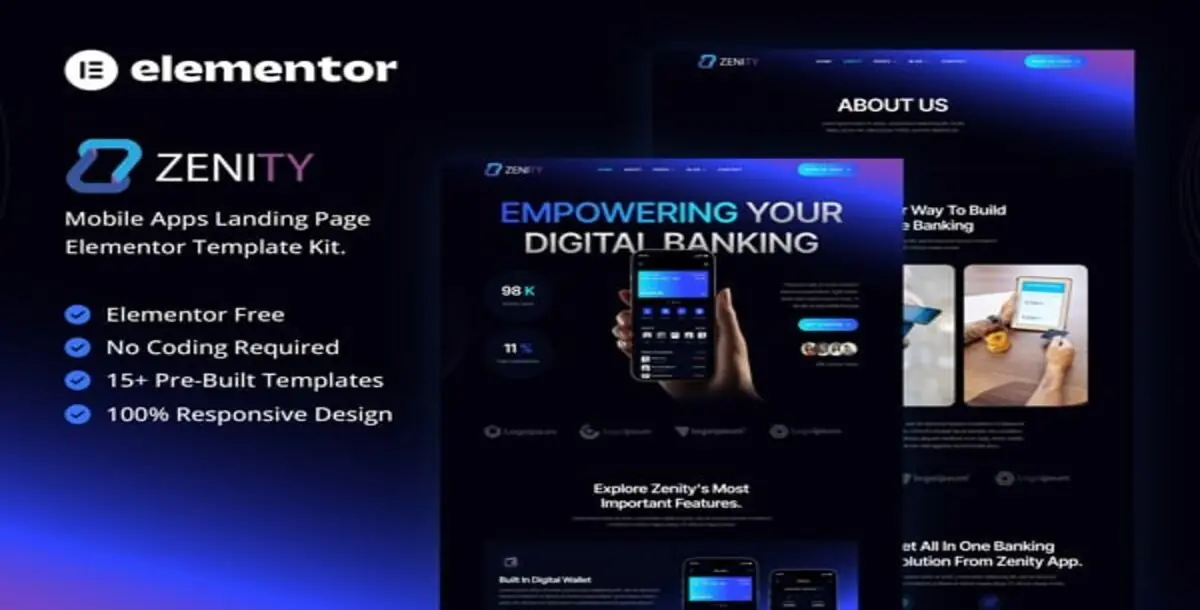 Zenity Mobile App Landing Page Elementor Template Kit Download