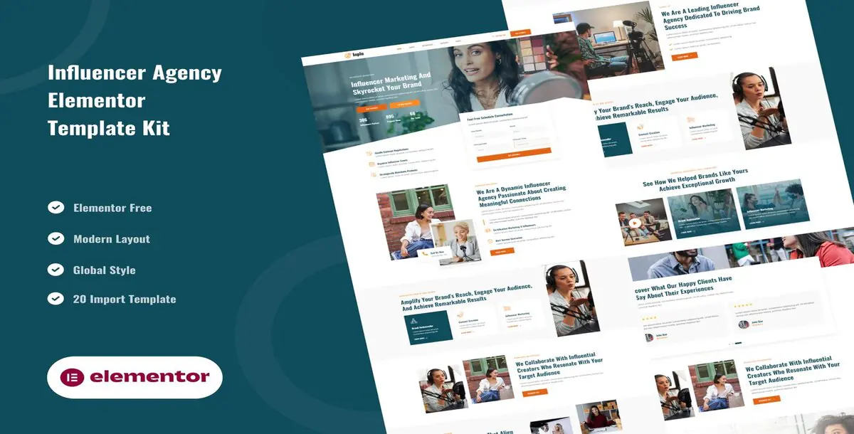 Inplu Influencer Agency and Marketing Elementor Template Kit Download, WP Template Kits FT. Advertis